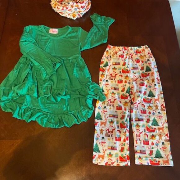 Christmas Toddler Girls Outfit Set Green Ruffle Dress & Printed Pants Kids - Picture 5 of 9